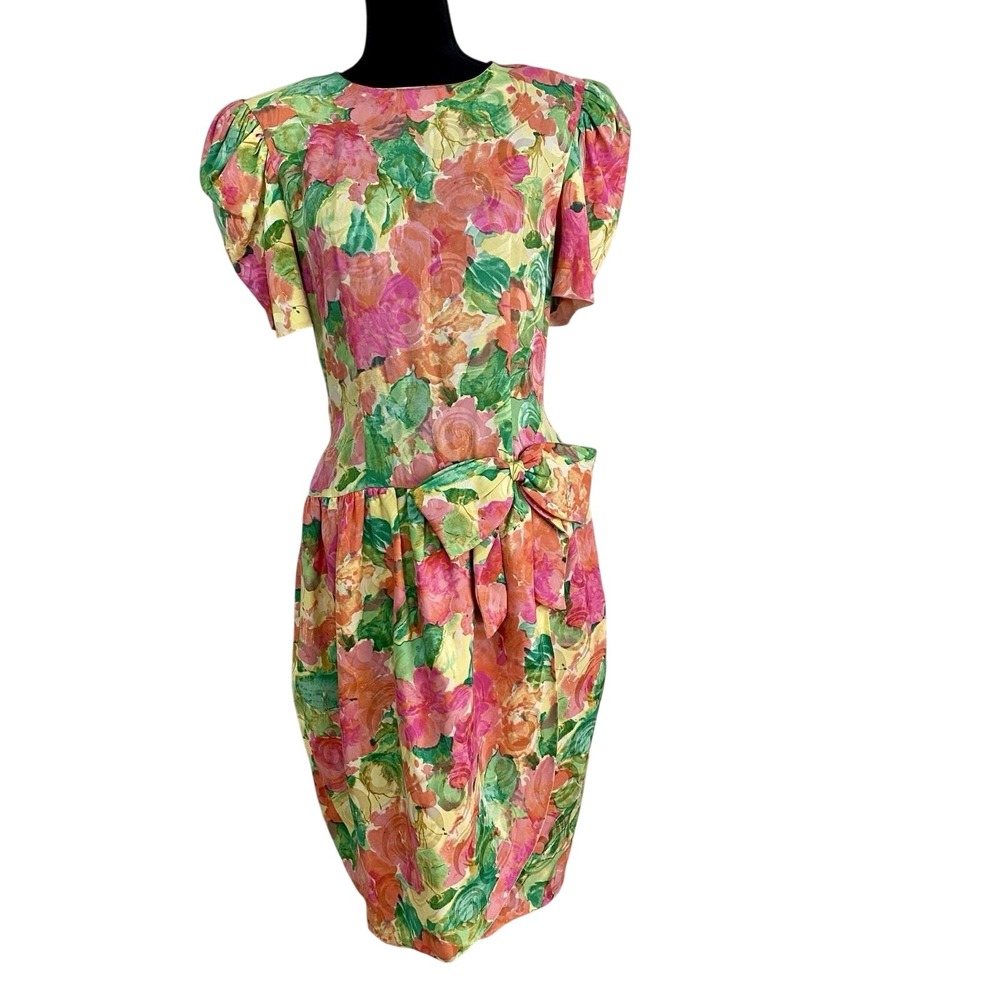 Vintage Juilliard Silk Floral Dress Size 12 Puff Sleeve Bow Waist 80s 90s